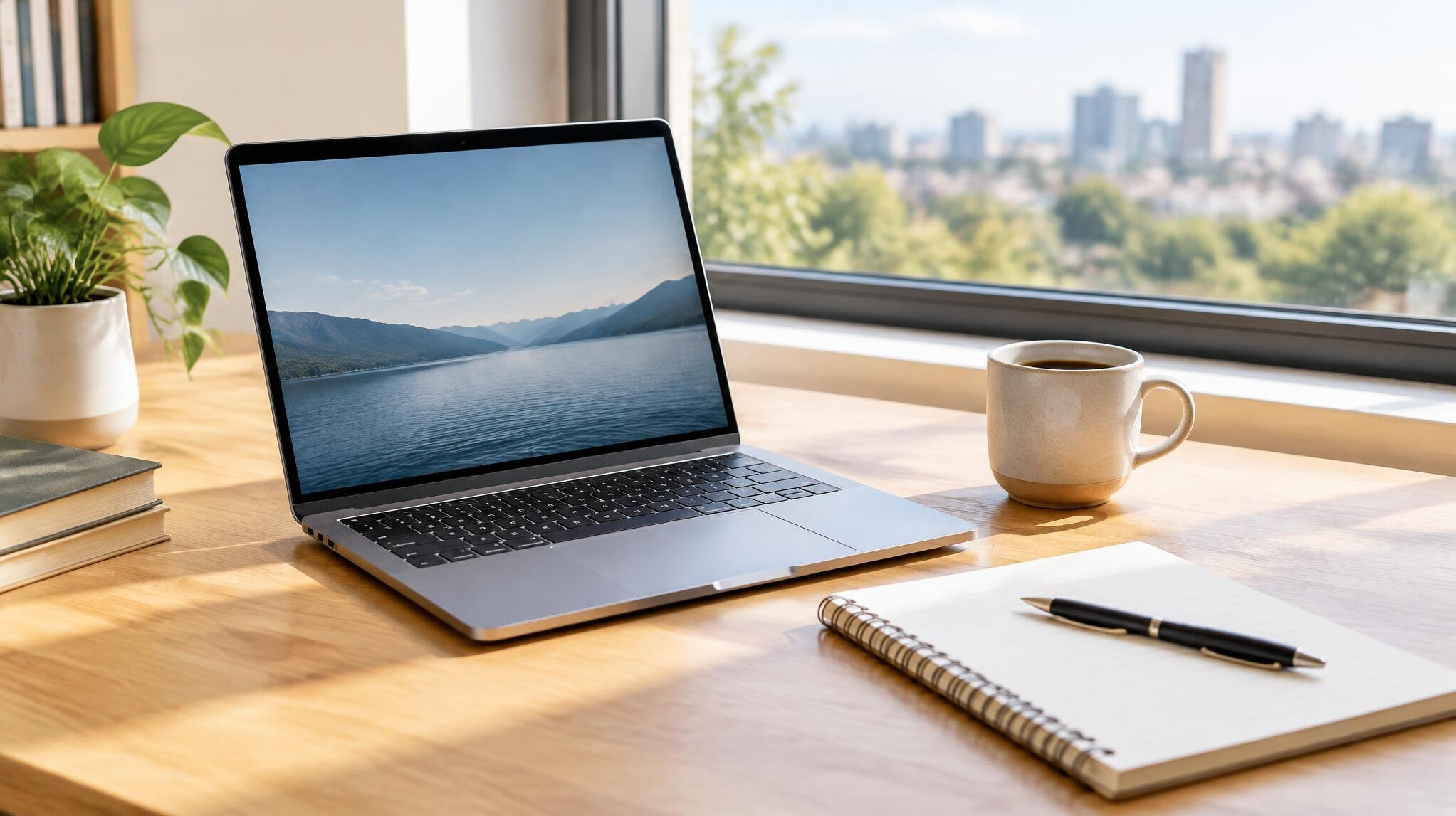 Open laptop and notebook on a bright desk